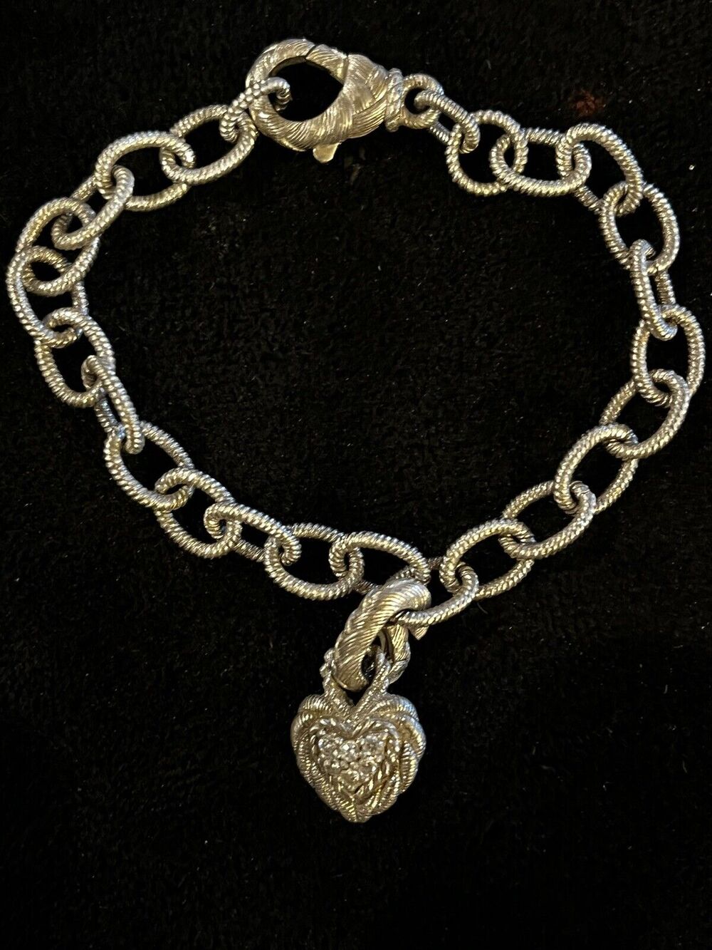 Judith Ripka 16.4g 925 Sterling Silver CZ Rope Heart Chain Charm Bracelet 6.5”